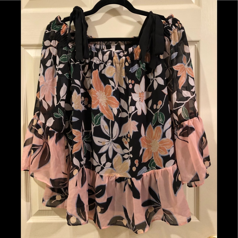 LOFT Bow & Off the Shoulder Floral Blouse, Sz Med
